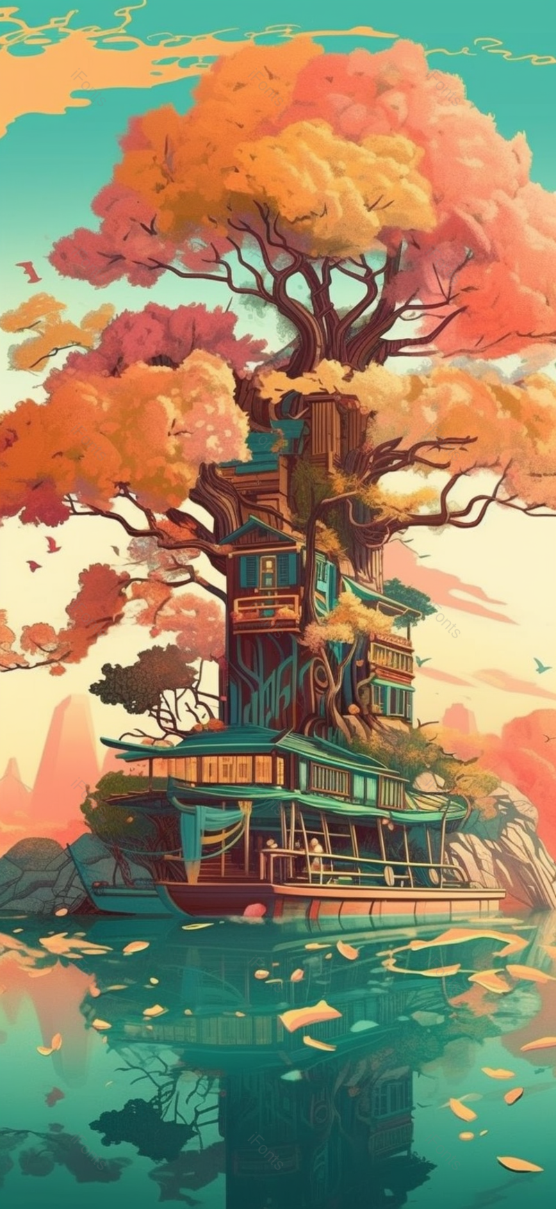 粉色蓝色河边小船停岸房子大树国风插画背景壁纸,插画/手绘图,插画/手绘图库,插画/手绘图下载,插画/手绘